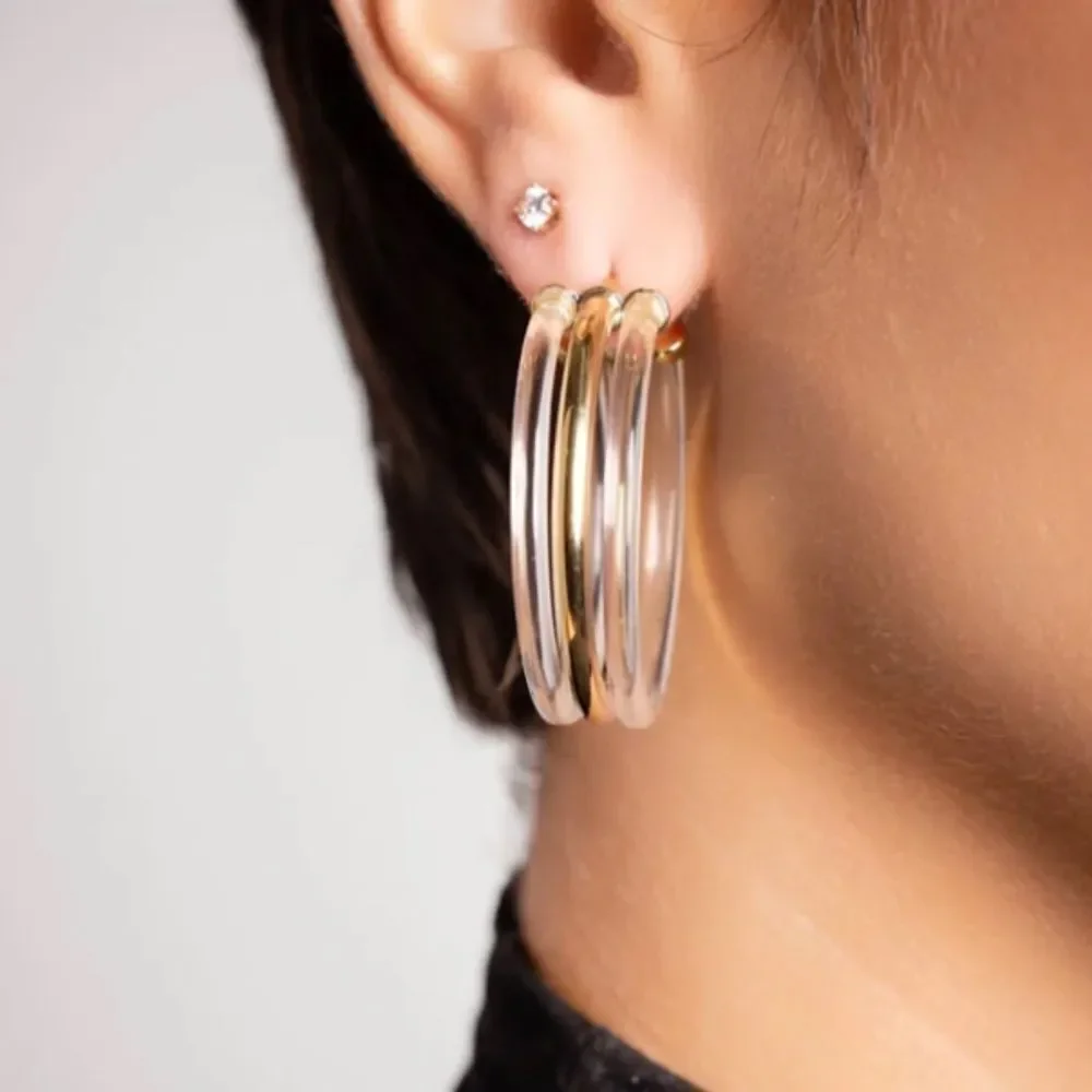 14K Gold Plated Sterling Silver & Clear 1.5 Inch Hoop Earrings BRAND NEW